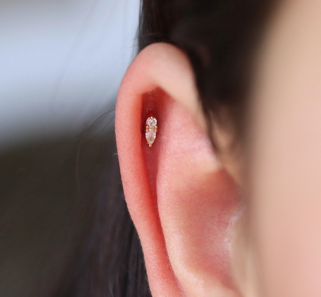 Woman with top 10 Helix Piercing