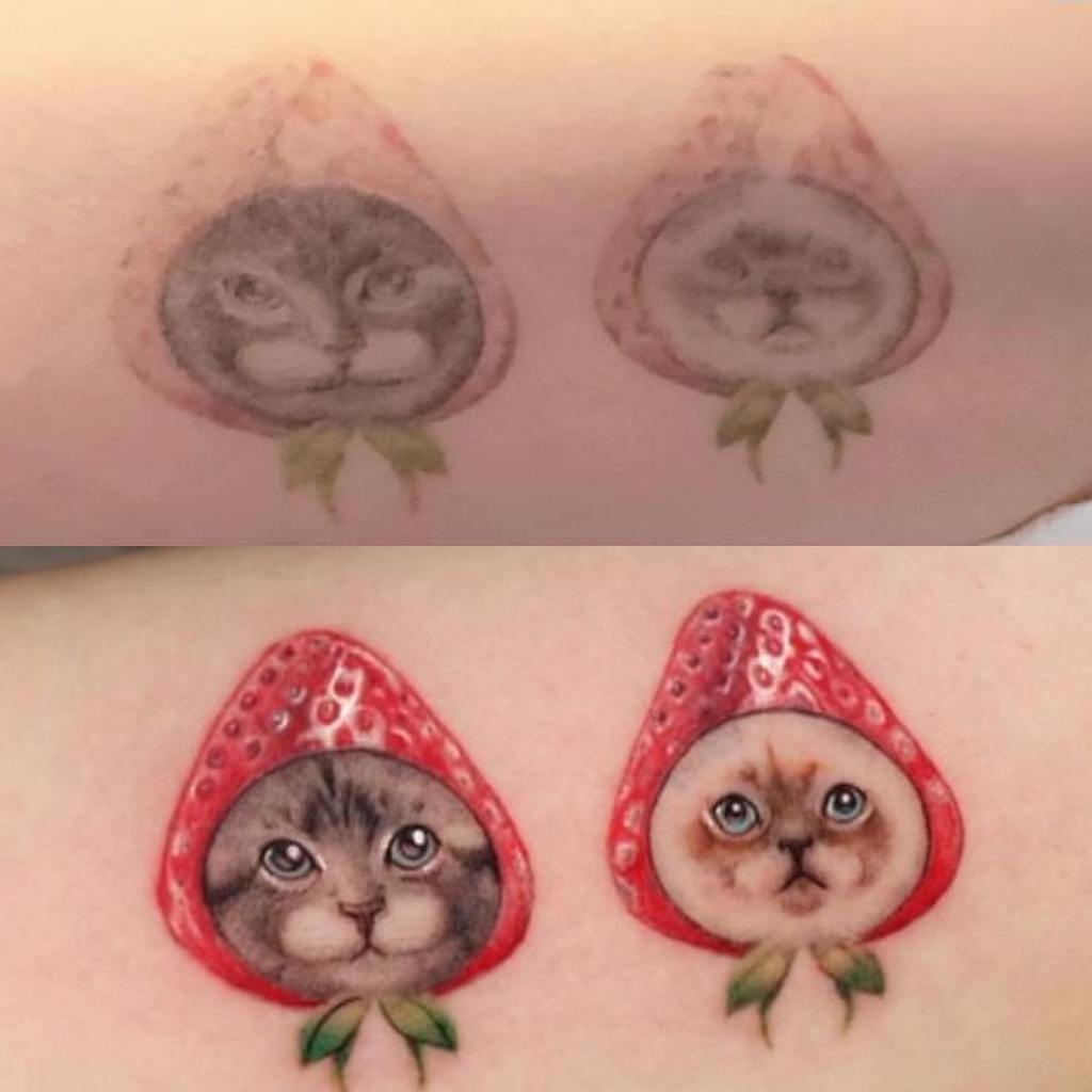 Tattoo session in progress: blending bright colors into a cover-up tattoo design.