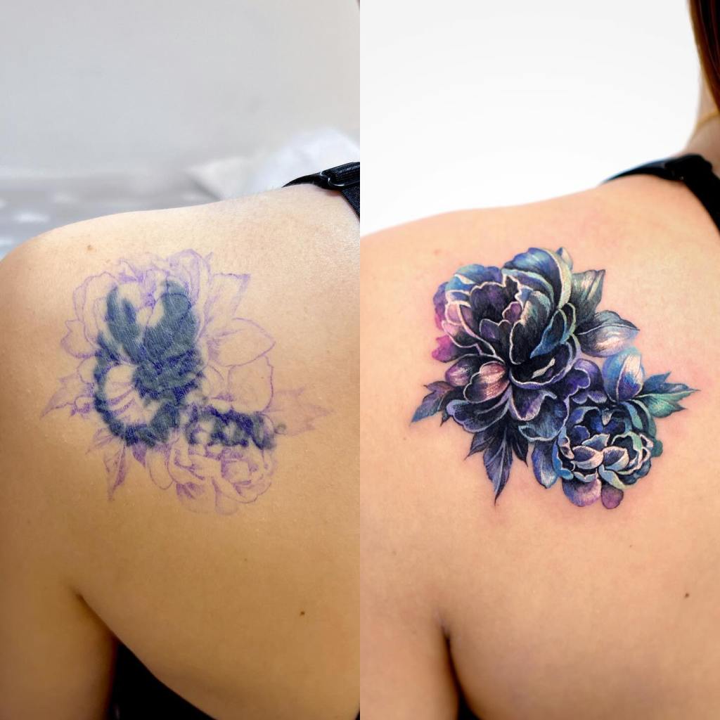 Detailed image of a large-scale cover-up tattoo featuring peony flowers.